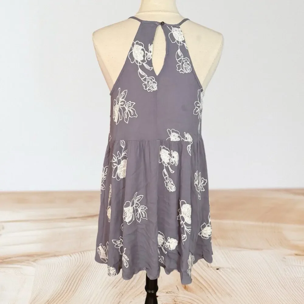 Umgee Mini Tunic Embroidered Dress Sz M Strappy Racerback Sundress Gray &‎ White